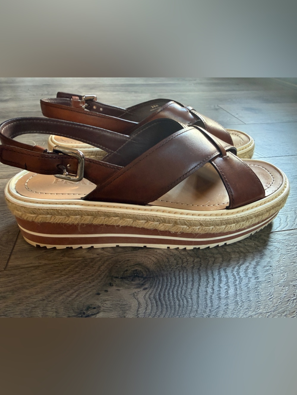 Prada Brown Leather Crossover Platform Sandals